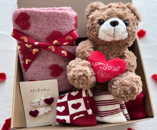 Cute Valentine’s Gift Box for Kids/Girls – Teddy Bear, Comfy Scarf & Heart Socks Basketful Gifts