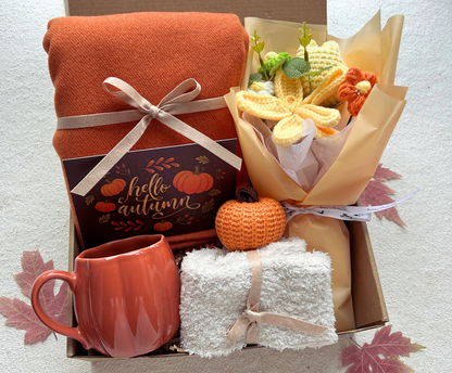 Autumn Cozy Care Package with Burnt Orange Wrap Crochet Bouquet