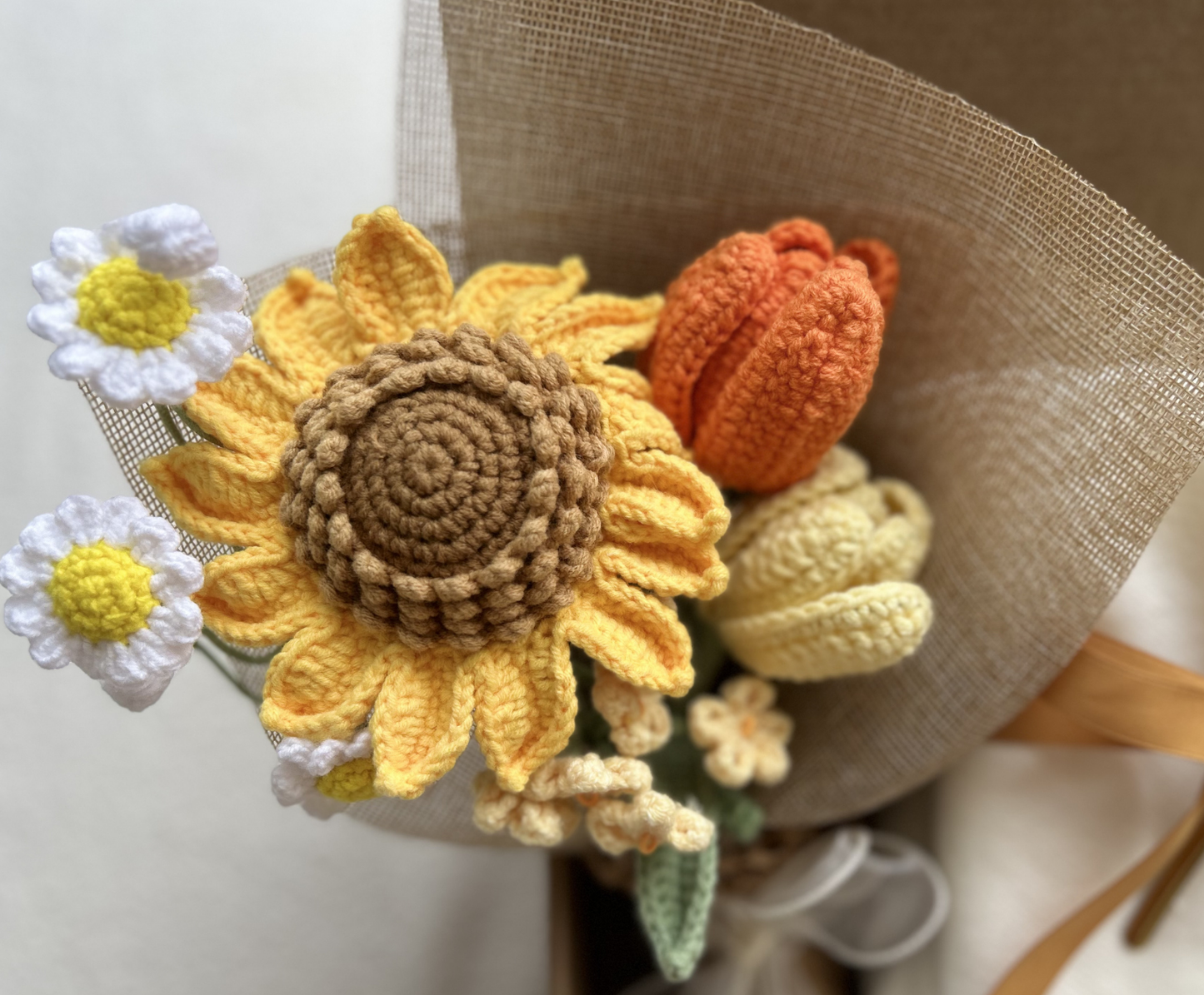 Sunflower Gift Basket with Handmade Crochet Sunflower Bouquet and Spa Essentials