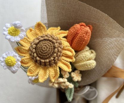 Sunflower Gift Basket with Handmade Crochet Sunflower Bouquet and Spa Essentials