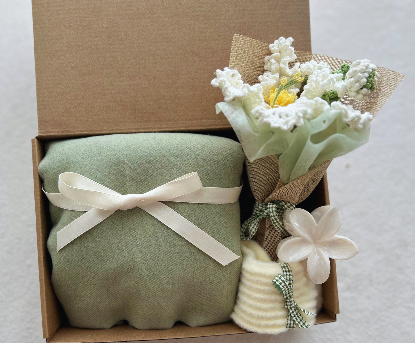 Sage Green & Pearl "Nature’s Calm" Gift Box: Premium Soft Scarf, Crochet Wildflower Bouquet & Floral Hair Clip Basketful Gifts
