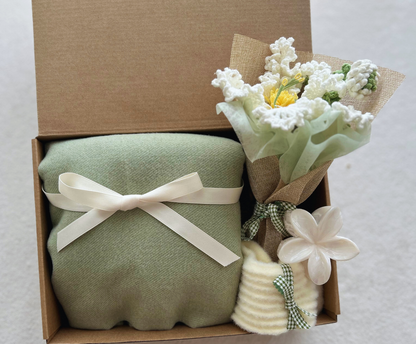 Sage Green & Pearl "Nature’s Calm" Gift Box: Premium Soft Scarf, Crochet Wildflower Bouquet & Floral Hair Clip Basketful Gifts