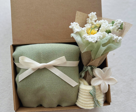 Sage Green & Pearl "Nature’s Calm" Gift Box: Premium Soft Scarf, Crochet Wildflower Bouquet & Floral Hair Clip Basketful Gifts