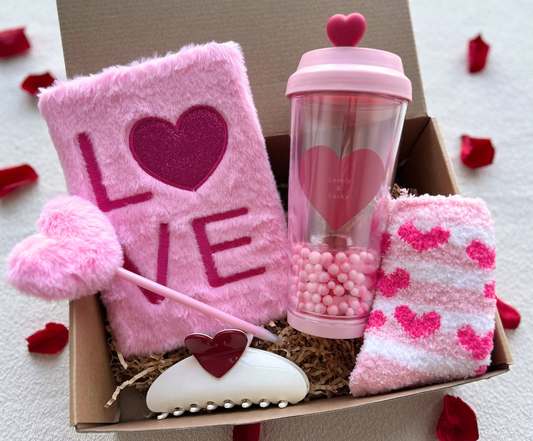 Valentine’s Day Gift Basket for Teen Girls – Pink LOVE Notebook, Heart Tumbler, Socks & Cute Accessories Basketful Gifts