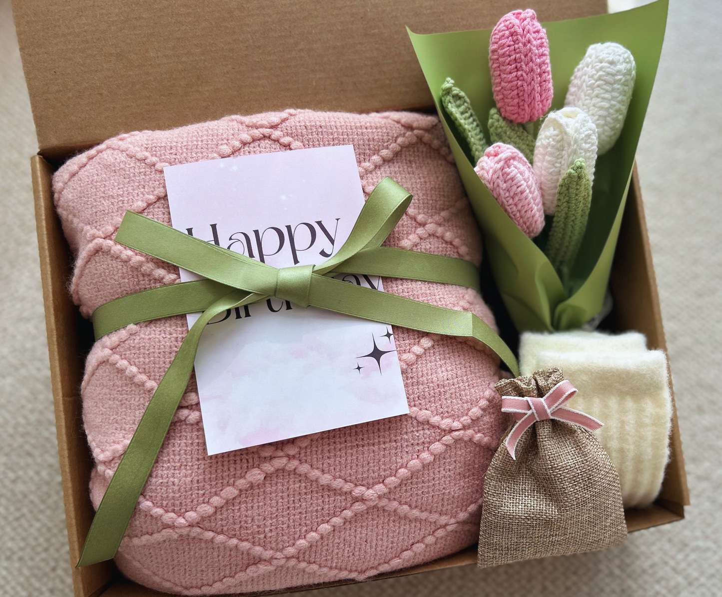 Birthday Baskets for Her-Pink Blanket and Pink Crochet Tulip Bouquet Basketful Gifts