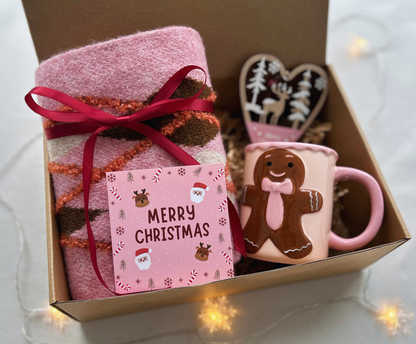 Pink Christmas Gift Baskets for Her with Wool Blend Pink Scarf and Gingerbread Man Mug