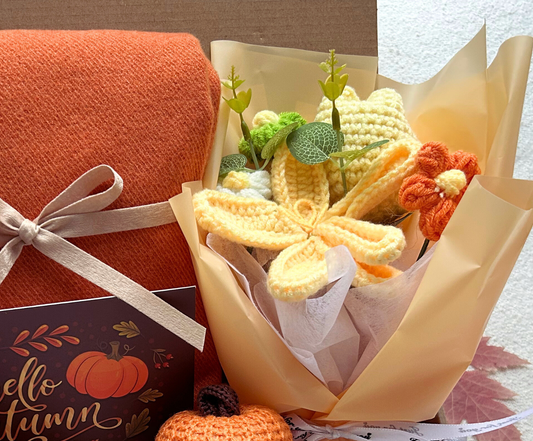Autumn Cozy Care Package with Burnt Orange Wrap Crochet Bouquet