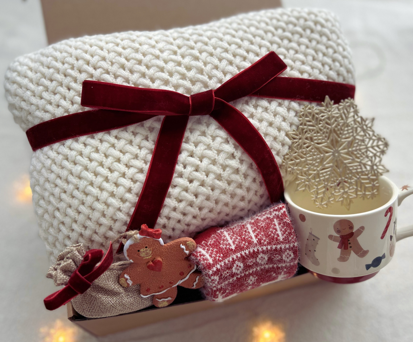 Gingerbread Theme Christmas Gift Baskets with Cozy Blanket and Festive Mug (Creamy White Blanket)