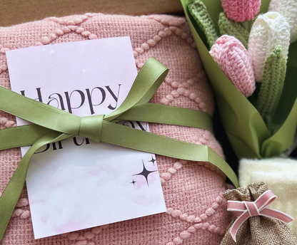 Birthday Baskets for Her-Pink Blanket and Pink Crochet Tulip Bouquet Basketful Gifts