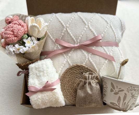 Cozy Gift Basket for Women with Crochet Flower Bouquet, Blanket and Care Essentials