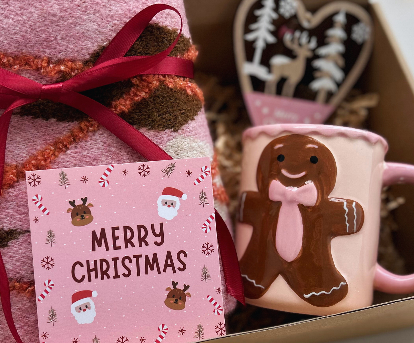 Pink Christmas Gift Baskets for Her with Wool Blend Pink Scarf and Gingerbread Man Mug