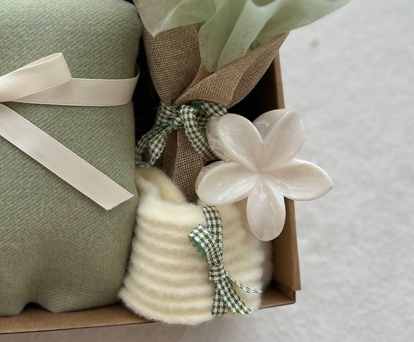 Sage Green & Pearl "Nature’s Calm" Gift Box: Premium Soft Scarf, Crochet Wildflower Bouquet & Floral Hair Clip Basketful Gifts
