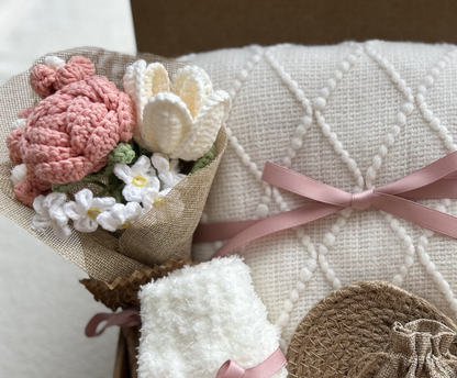 Care Package Gift Basket for Women with Crochet Flower Bouquet, Blanket and Care Essentials