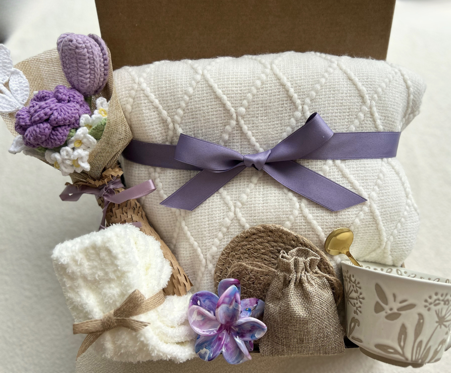 Care Package Gift Basket for Women with Crochet Flower Bouquet, Blanket and Care Essentials