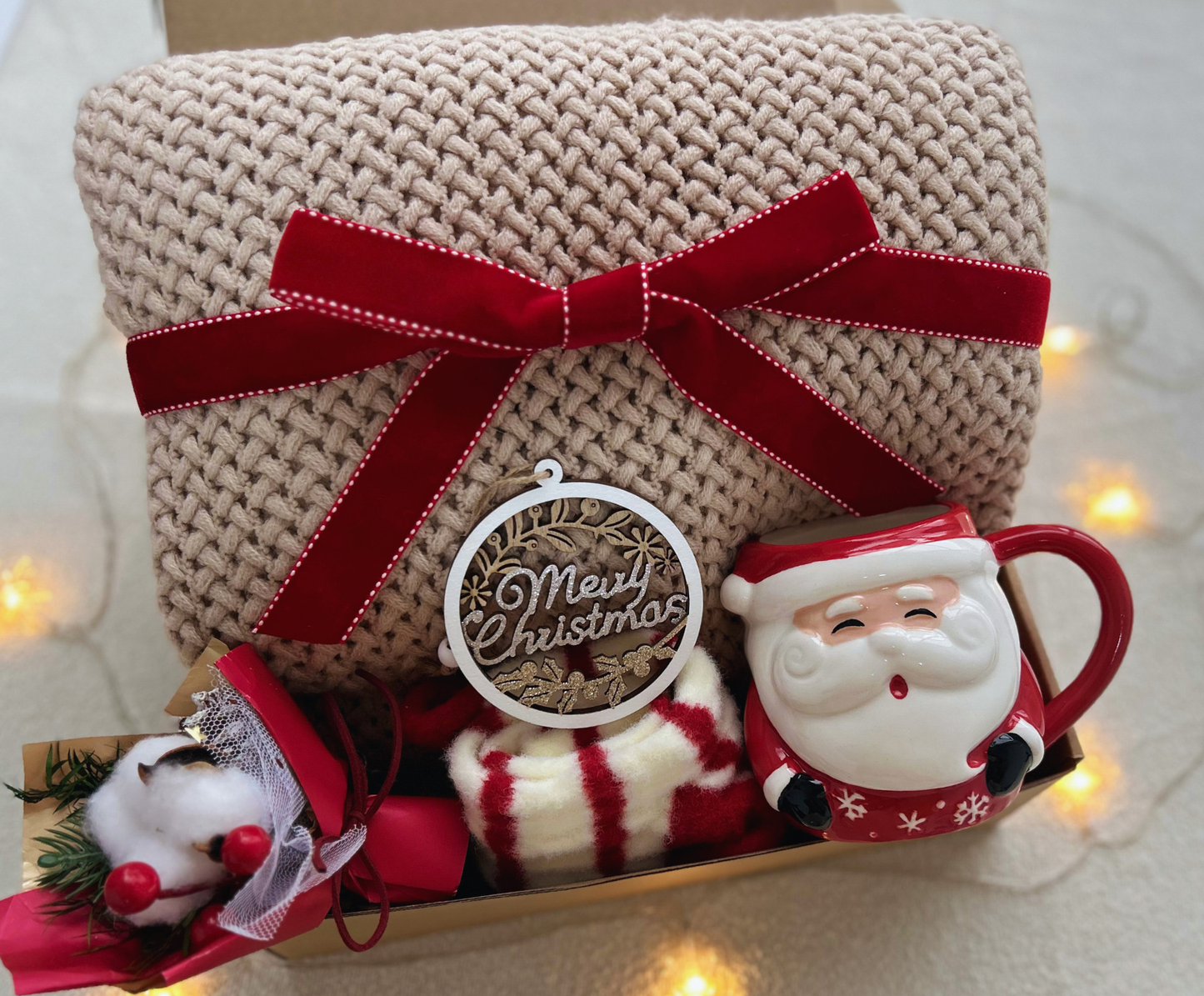 Christmas Gift Baskets with Cozy Blanket and Festive Santa Mug (Toasted Almond Color Blanket)