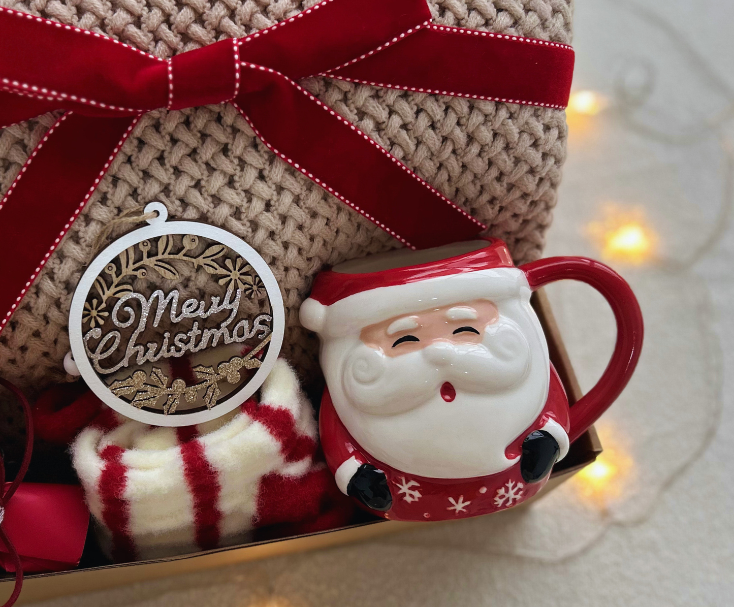 Christmas Gift Baskets with Cozy Blanket and Festive Santa Mug (Toasted Almond Color Blanket)