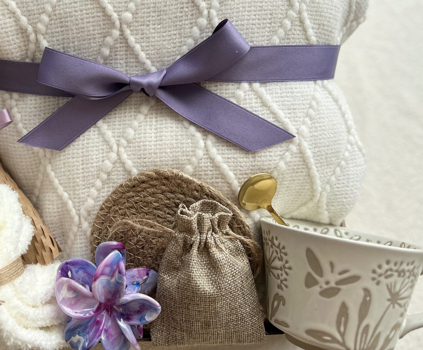 Care Package Gift Basket for Women with Crochet Flower Bouquet, Blanket and Care Essentials