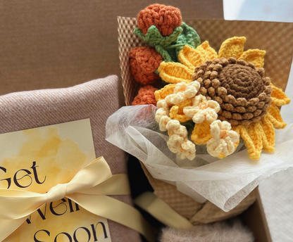 Get Well Soon Gift Baskets for Her-Cozy Warm Scarf and Crochet Sunflower Bouquet Basketful Gifts