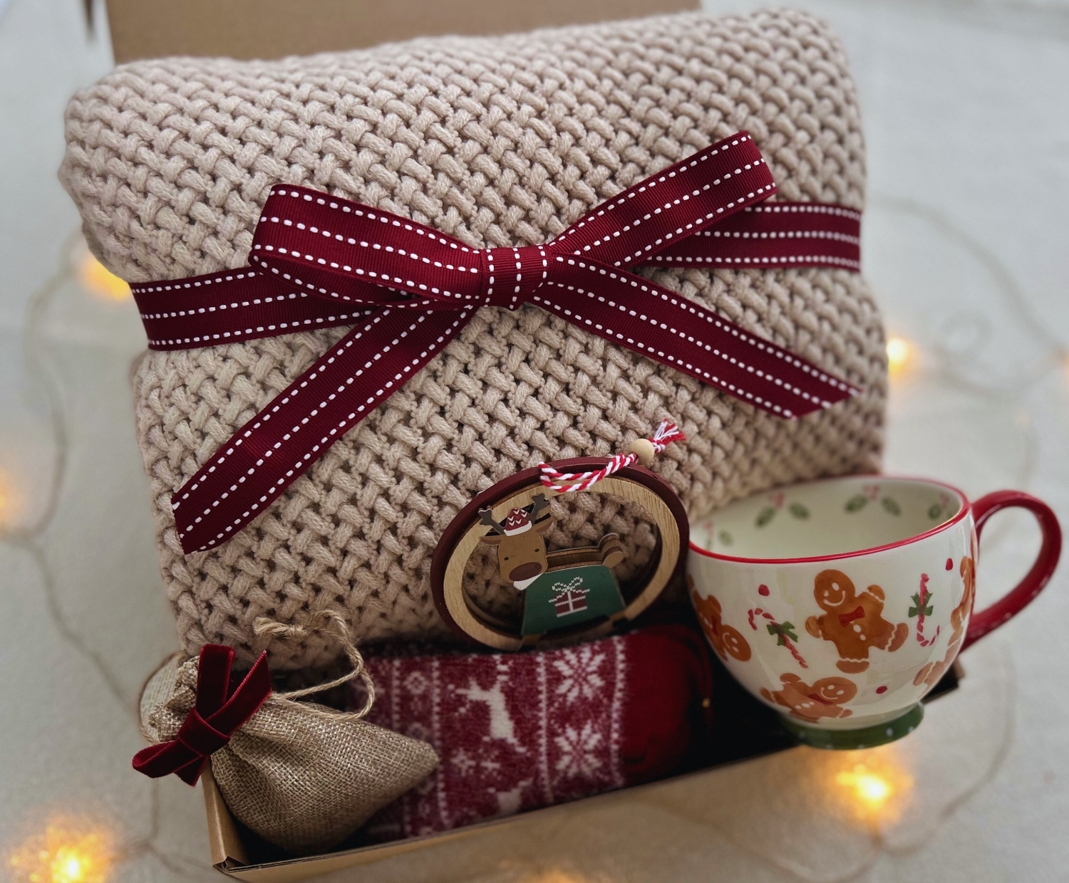 Christmas Gift Box with Cozy Blanket and Festive Gingerbread Mug (Toasted Almond Color Blanket) Basketful Gifts