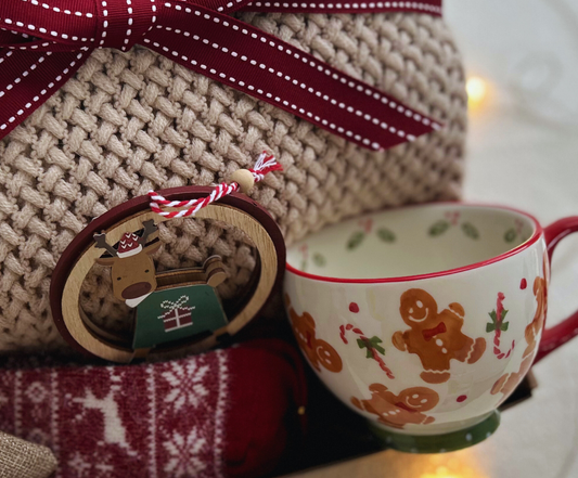 Christmas Gift Box with Cozy Blanket and Festive Gingerbread Mug (Toasted Almond Color Blanket) Basketful Gifts