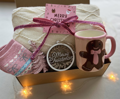 Pink Christmas Gift Baskets for Her with Blanket and Pink Gingerbread Man Mug