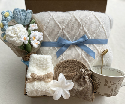 Care Package Gift Basket for Women with Crochet Flower Bouquet, Blanket and Care Essentials