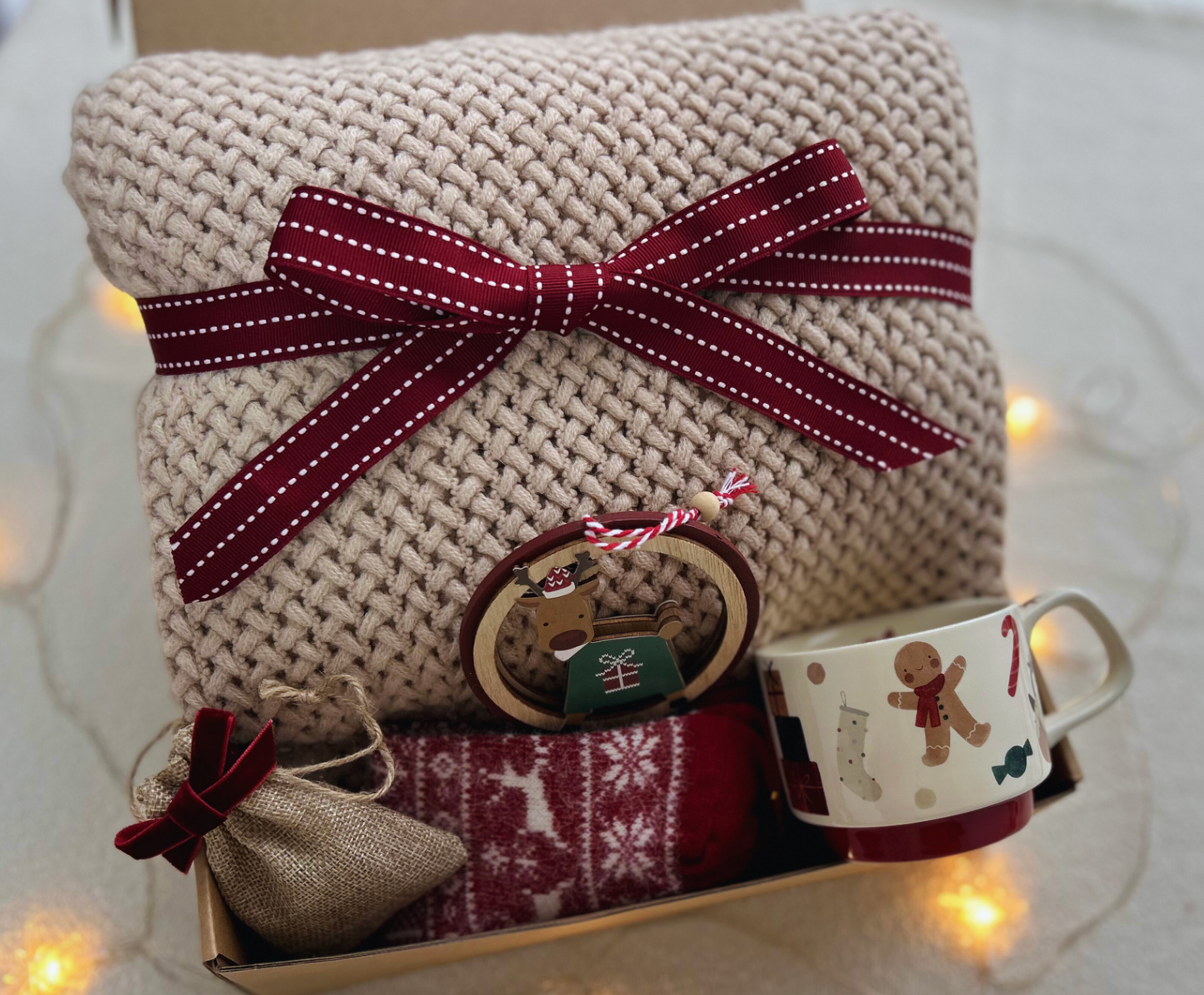 Christmas Gift Box with Cozy Blanket and Festive Gingerbread Mug (Toasted Almond Color Blanket)