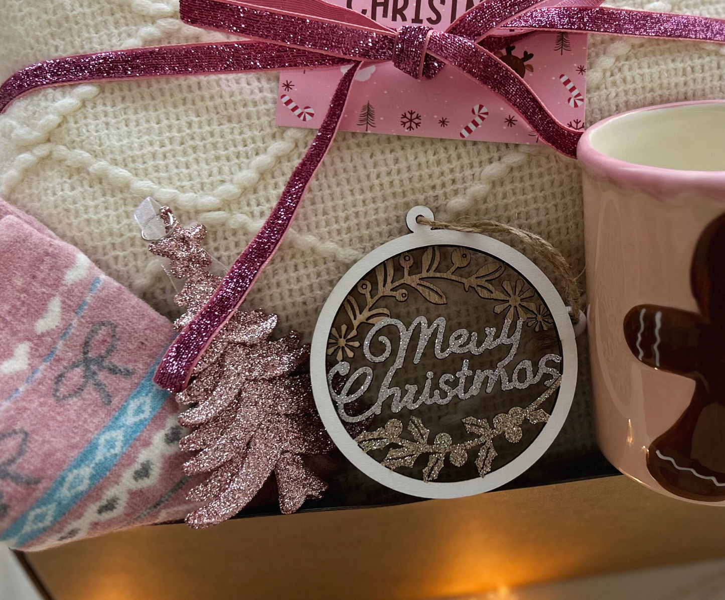 Pink Christmas Gift Baskets for Her with Blanket and Pink Gingerbread Man Mug