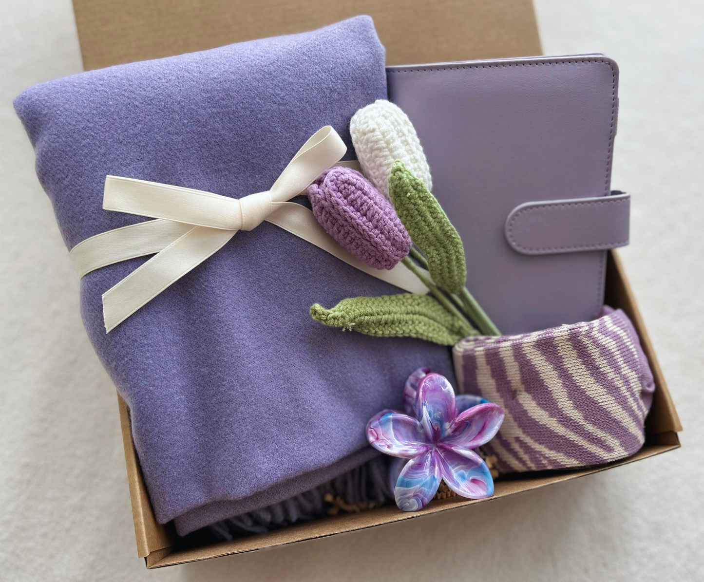 "A Moment for You" Lavender Care Package: Cozy Scarf, Wellness Journal & Everlasting Crochet Flowers Basketful Gifts