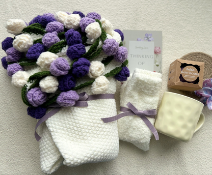 Crochet Flower Blanket Gift Basket Set – Handmade Floral Bouquet with Care Essentials