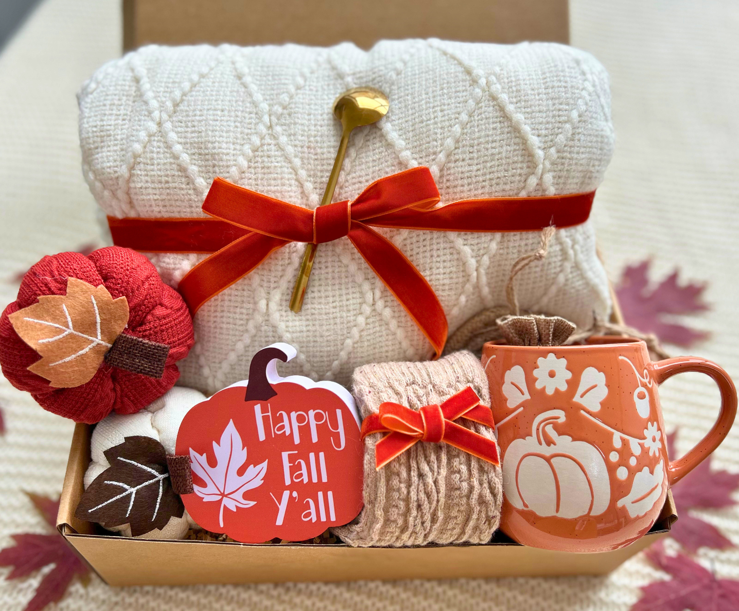 Happy Fall Y'all Cozy Care Package for Her – Blanket, Pumpkin Mug & Warm Socks Gift Basket Basketful Gifts