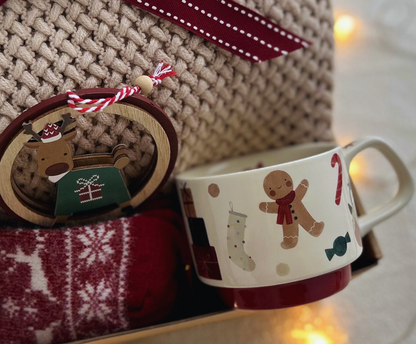Christmas Gift Box with Cozy Blanket and Festive Gingerbread Mug (Toasted Almond Color Blanket)