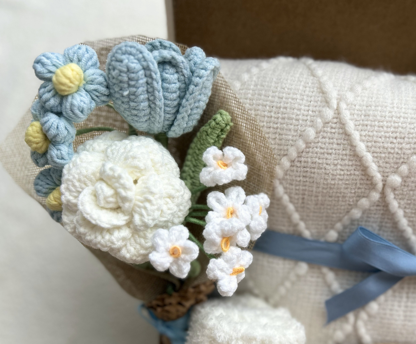 Care Package Gift Basket for Women with Crochet Flower Bouquet, Blanket and Care Essentials