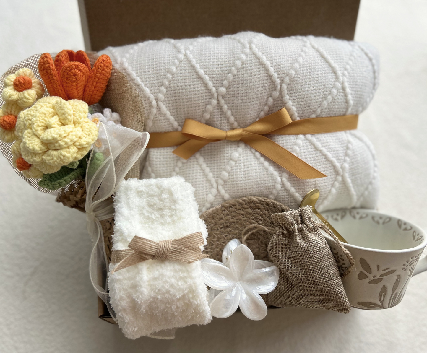 Care Package Gift Basket for Women with Crochet Flower Bouquet, Blanket and Care Essentials