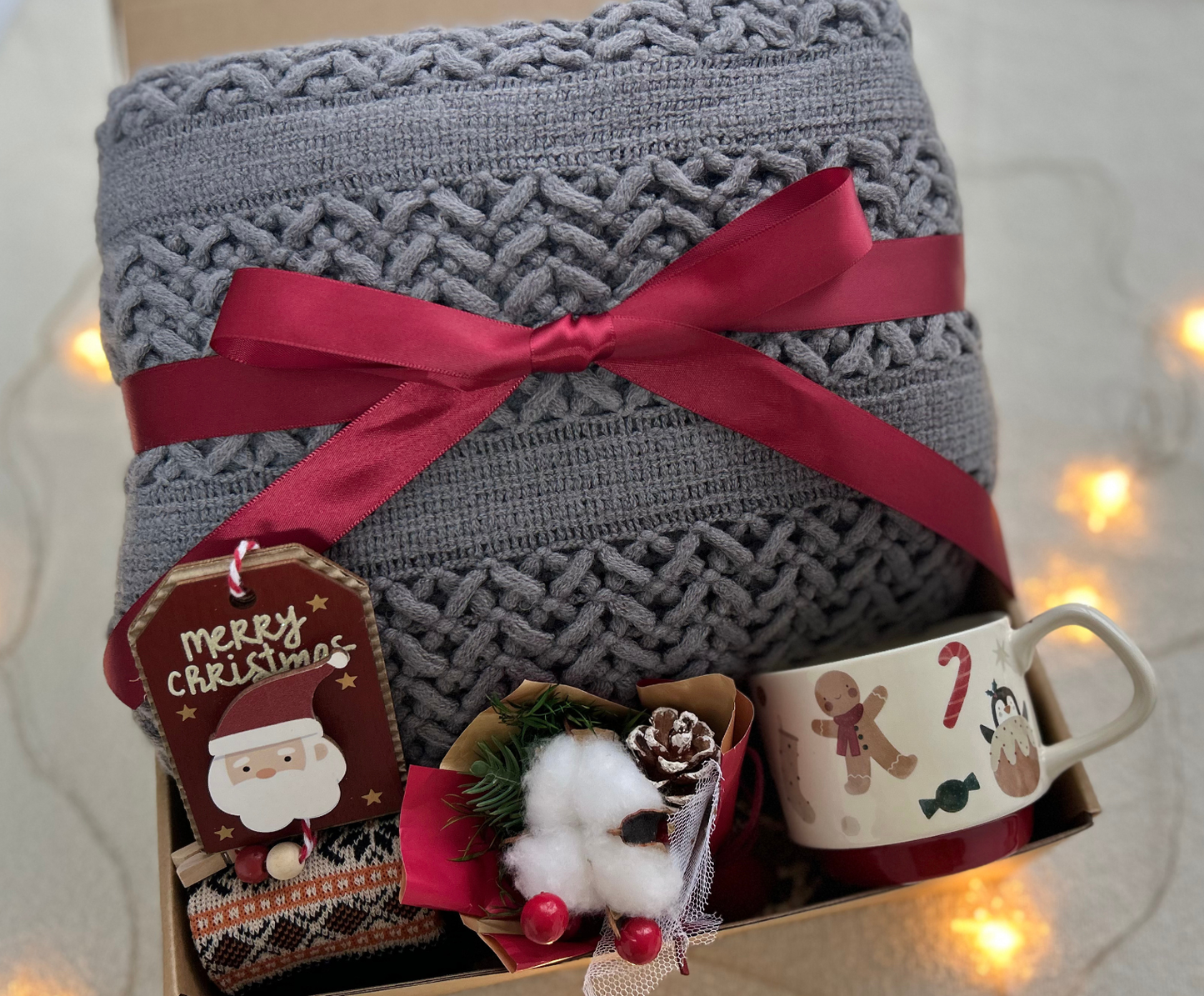 Christmas Gift Box for Him with Cozy Blanket and Festive Gingerbread Mug