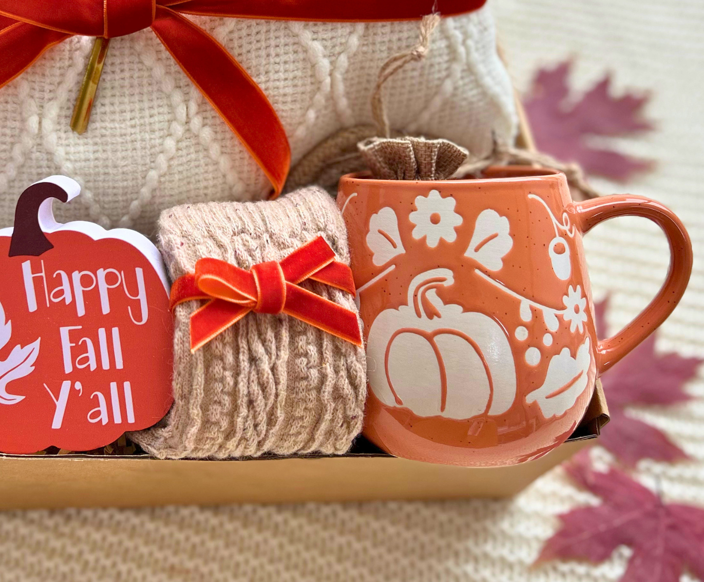 Happy Fall Y'all Cozy Care Package for Her – Blanket, Pumpkin Mug & Warm Socks Gift Basket Basketful Gifts