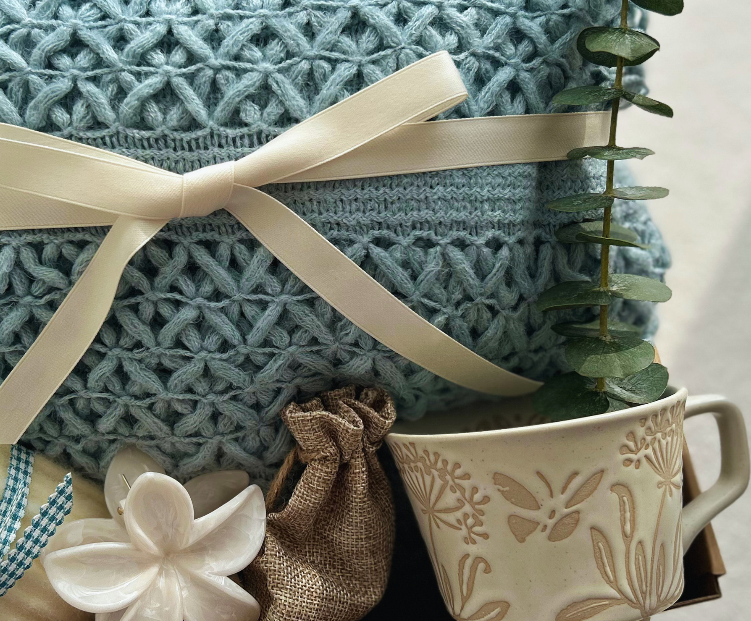 Care Package for Friends and Family With Blue Blanket and Cozy Socks Basketful Gifts