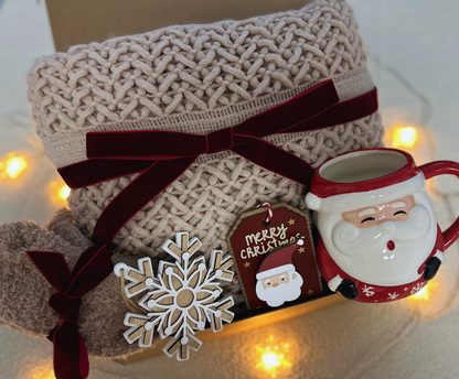 Christmas Gift Basket with Toasted Almond Color Blanket and Santa Mug
