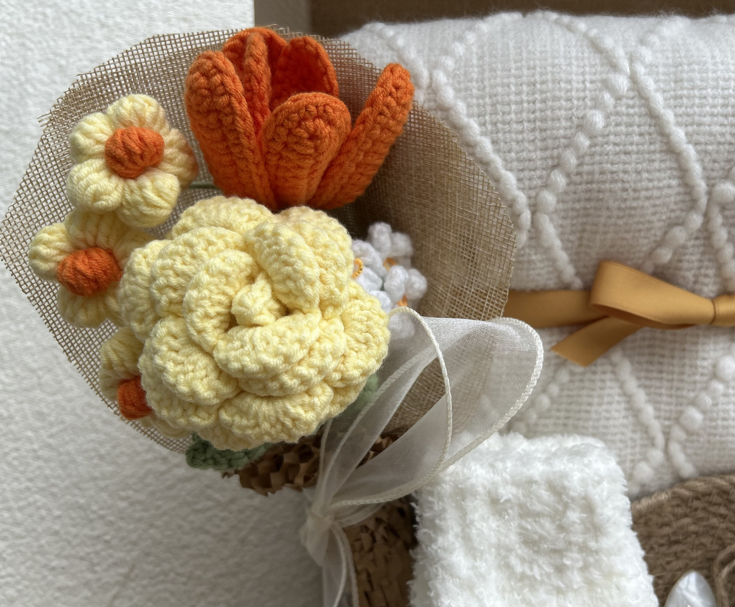 Care Package Gift Basket for Women with Crochet Flower Bouquet, Blanket and Care Essentials