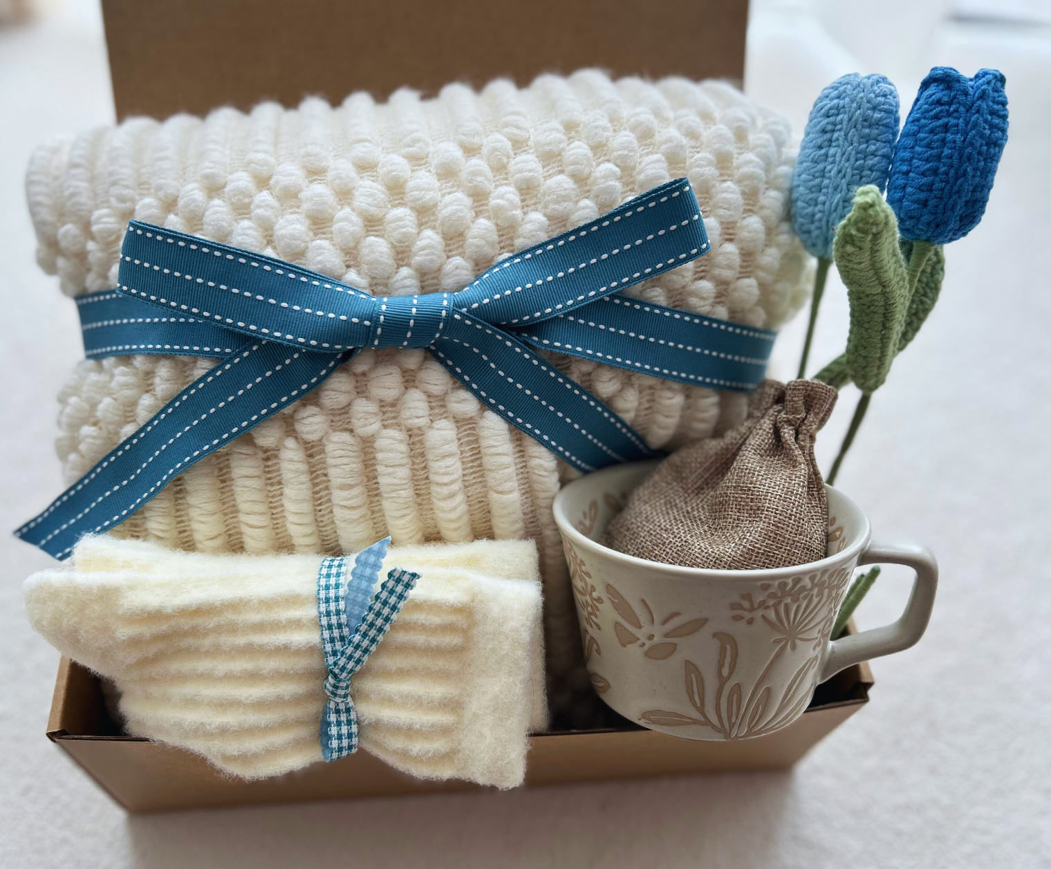 Aesthetic Gift Basket for Women with Crochet Tulip and Cozy Blanket Basketful Gifts
