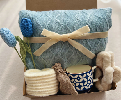 Blue Care Package for Her with Cozy Blanket and Blue Crochet Tulips Basketful Gifts