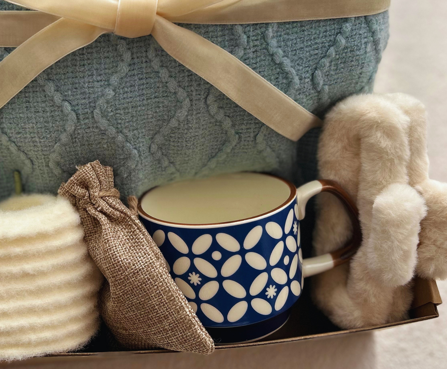 Blue Care Package for Her with Cozy Blanket and Blue Crochet Tulips Basketful Gifts