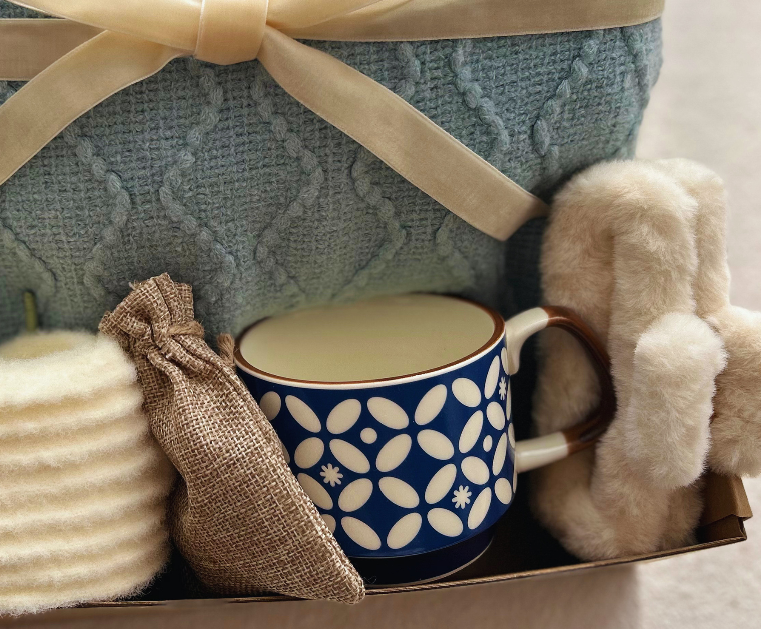 Blue Care Package for Her with Cozy Blanket and Blue Crochet Tulips Basketful Gifts
