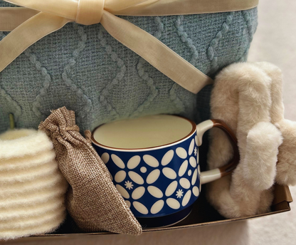 Blue Care Package for Her with Cozy Blanket and Blue Crochet Tulips Basketful Gifts