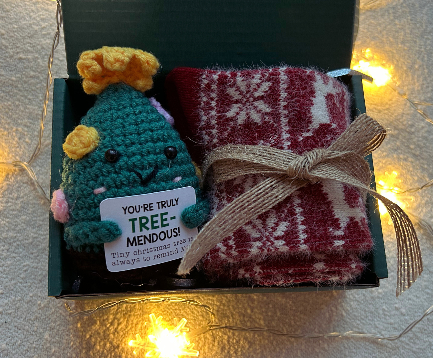 Mini Christmas Gift Box-Crochet Christmas Doll and Wool Socks (Box Size 3.9"*5.9") Basketful Gifts