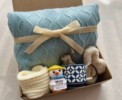 Birthday Gift Basket for Mom with Blue Blanket Ceramic Mug and Cute Crochet Love Duck Basketful Gifts