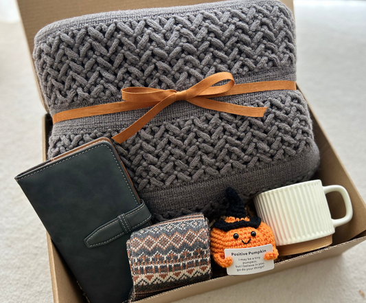 Cozy Care Package for Him with Blanket & Crochet Emotional Support Pumpkin