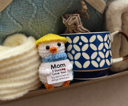 Birthday Gift Basket for Mom with Blue Blanket Ceramic Mug and Cute Crochet Love Duck Basketful Gifts