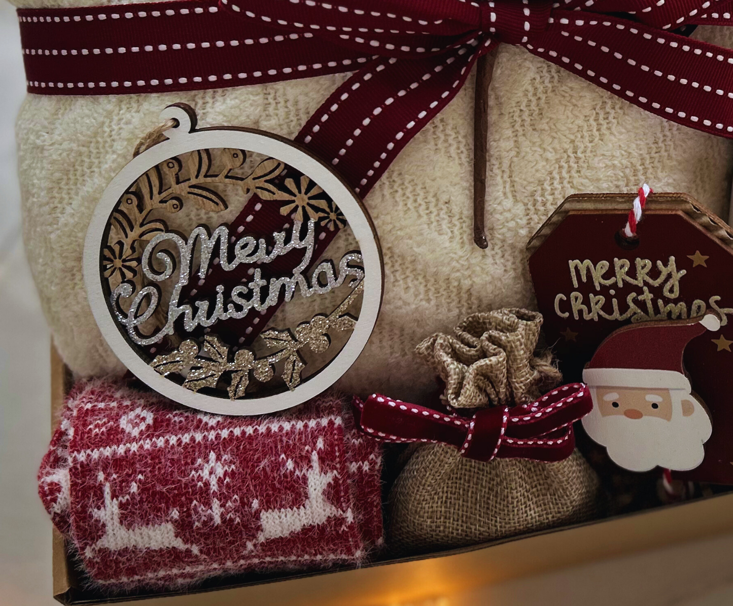 Christmas Gift Baskets for Her with Cozy Blanket and Reindeer Wool Socks