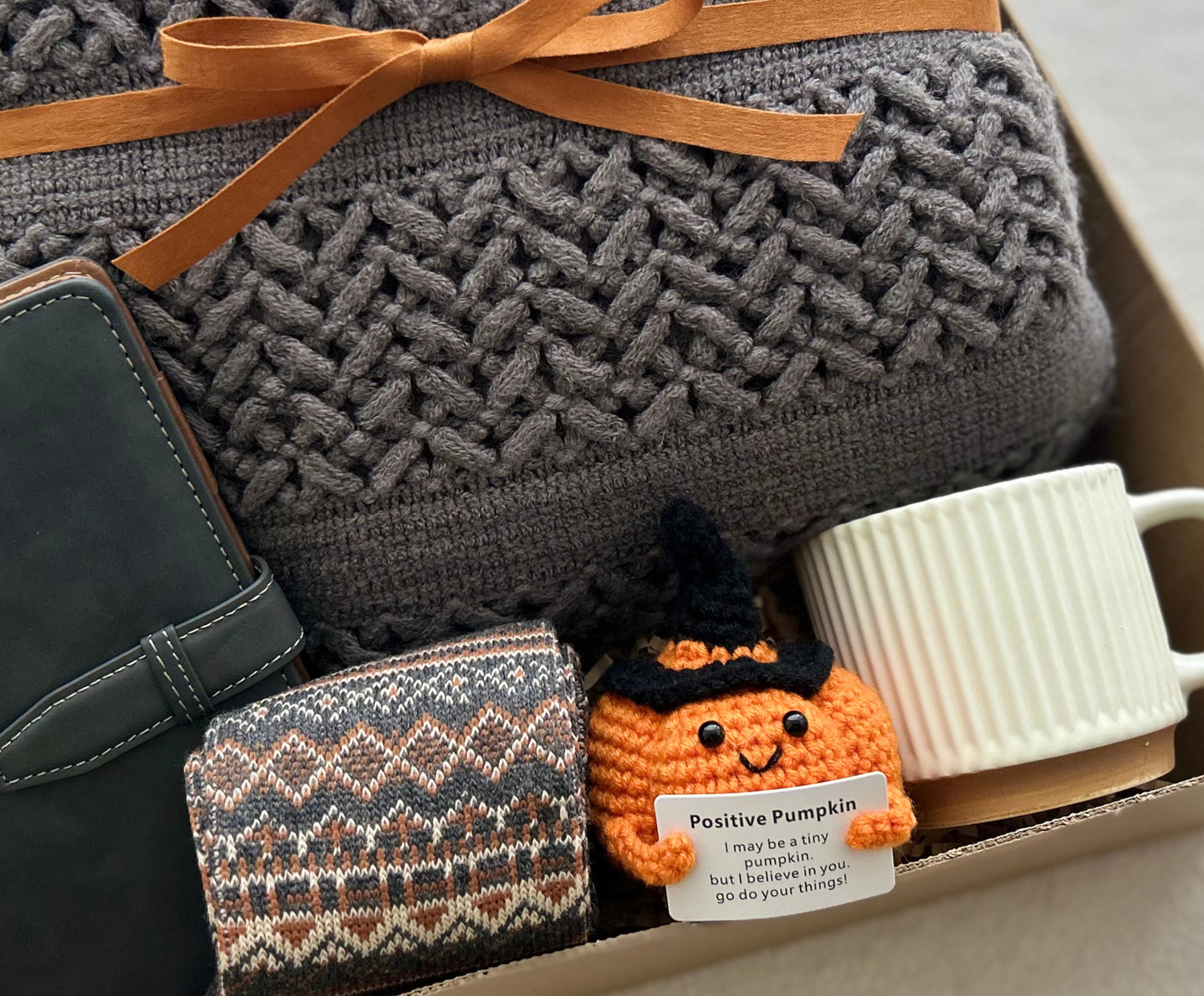 Cozy Care Package for Him with Blanket & Crochet Emotional Support Pumpkin